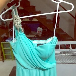 MINT green, one shoulder high-low dress.